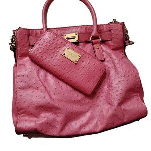 MK PINK LARGE BAG & WALLET SET-STRAWBERRY PINKS-OSTRICH LEATHER PRINTS